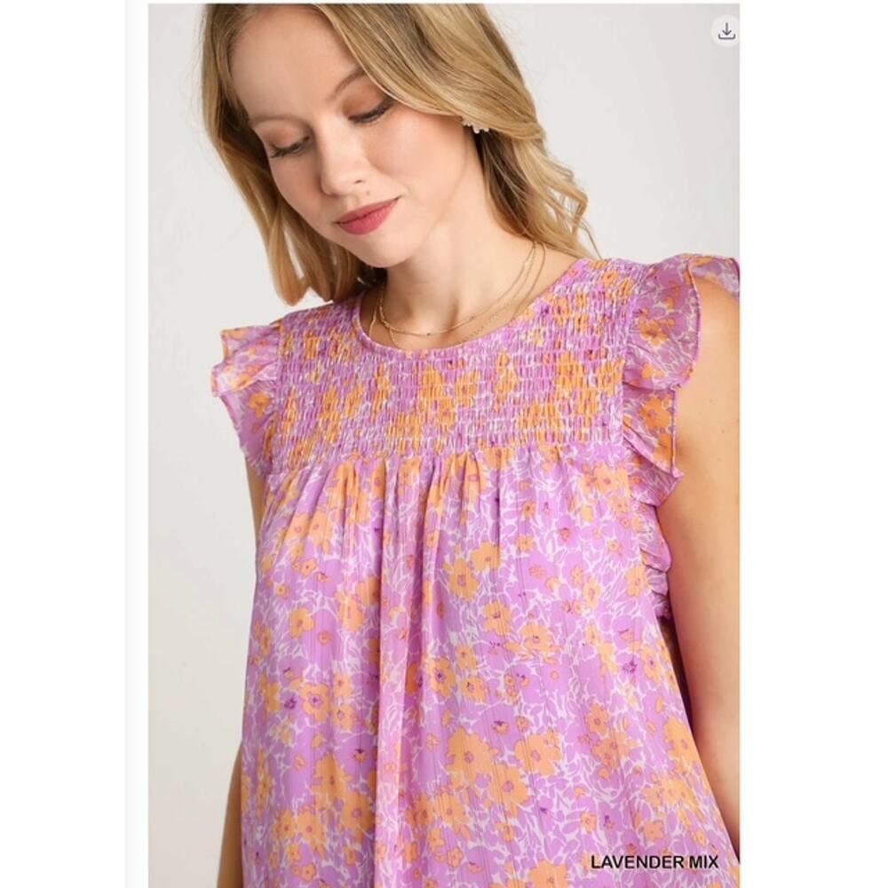 UMGEE - FLORAL METALLIC FLUTTER SLEEVE SRESS W/SMOCKED DETAIL / LINING - Large - Picture 3 of 4
